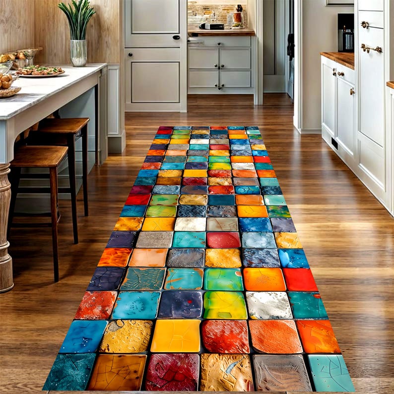Colorful Mosaic Tile Runner Rug: Glossy Square Pattern Carpet, Machine-Washable Non-Slip