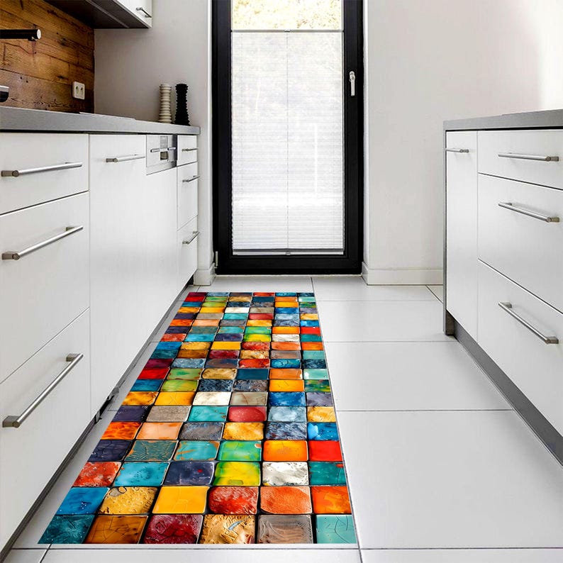 Colorful Mosaic Tile Runner Rug: Glossy Square Pattern Carpet, Machine-Washable Non-Slip