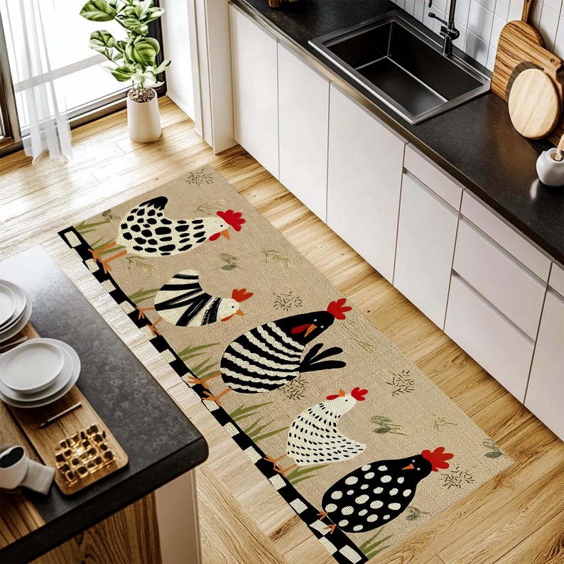 Chicken Printed Runner Rug: Farmhouse Kitchen Hallway Carpet, Non-Slip Machine-Washable