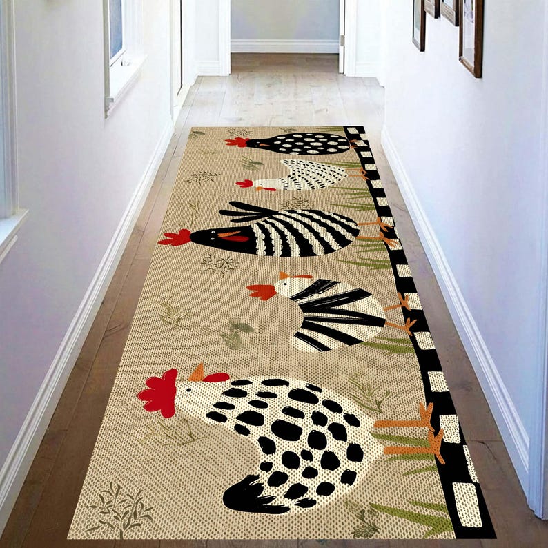 Chicken Printed Runner Rug: Farmhouse Kitchen Hallway Carpet, Non-Slip Machine-Washable