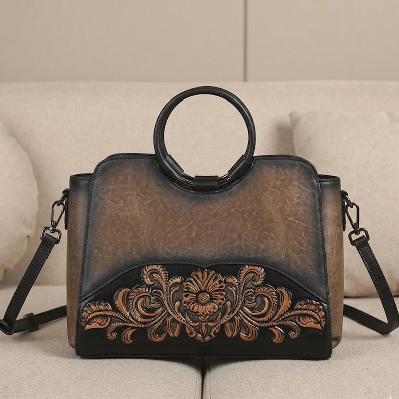 Hand Painted Floral Leather Shoulder Bag Boho Ethnic Crossbody Purse for Women Artisan Embossed Sling Unique Handmade Anniversary Gift