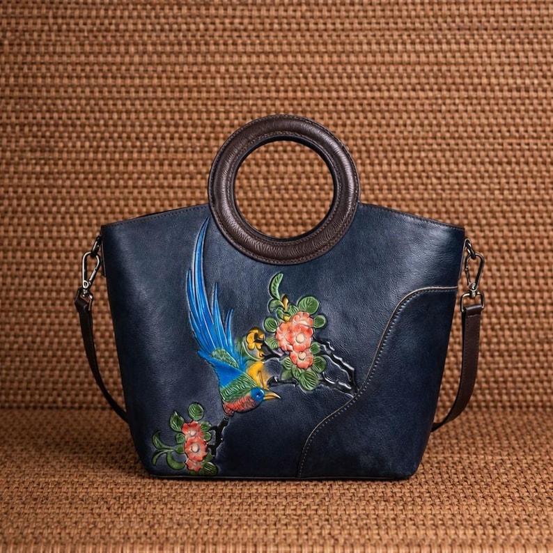 Hand Painted Bird Leather Tote Bag Women Personalized Embossed Floral Shoulder Handbag Vintage Tan Ring Handle Artisan Boho Gift for Her