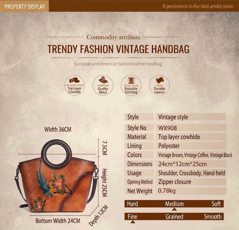 Hand Painted Bird Leather Tote Bag Women Personalized Embossed Floral Shoulder Handbag Vintage Tan Ring Handle Artisan Boho Gift for Her