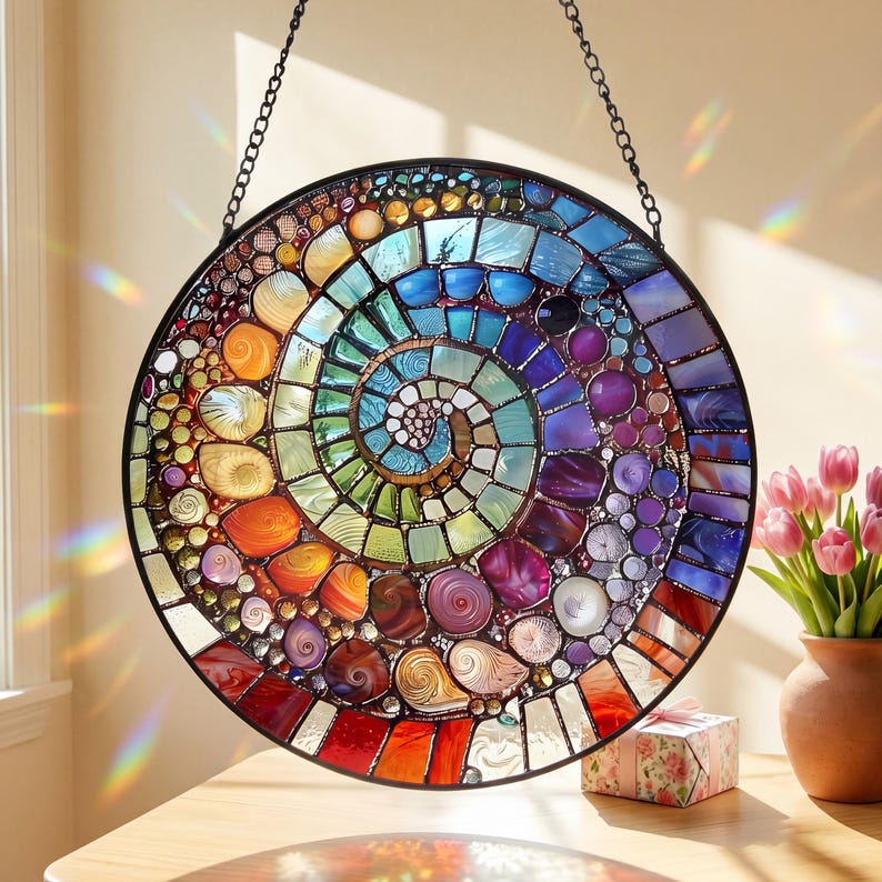 Abstract Rainbow Shell Spiral Suncatcher, Stained Glass Coastal Beach Decor, Ocean Inspired Window Hanging Gift