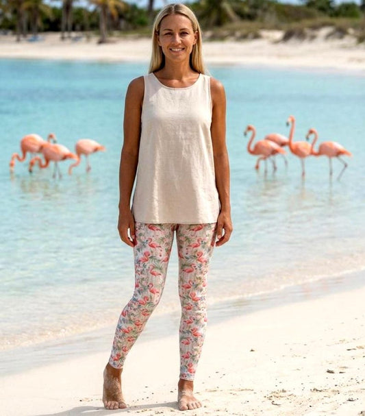 Flamingo Leggings Womens Mid Rise Beach Leggings Tropical Floral Coastal Pants Pink Flamingo Yoga Leggings Summer Outfit Gift