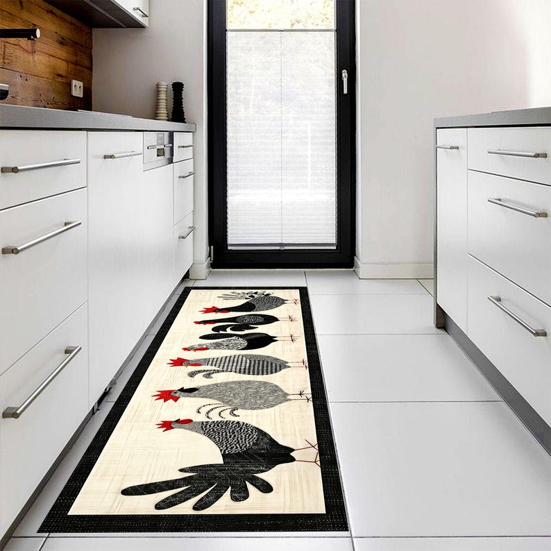 Farmhouse Chicken Parade Runner Rug: Rooster Hen Kitchen Carpet, Non-Slip Machine-Washable