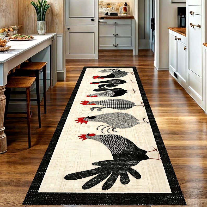 Farmhouse Chicken Parade Runner Rug: Rooster Hen Kitchen Carpet, Non-Slip Machine-Washable