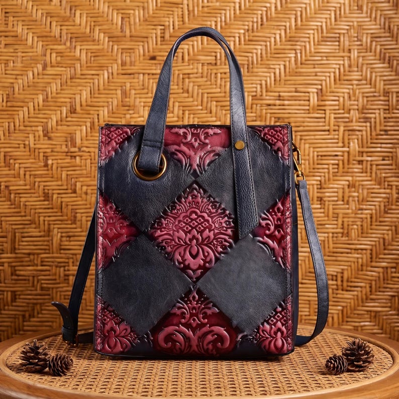 Damask Patchwork Leather Work Tote Navy Magenta Embossed Cowhide Commuter Bag Personalized Laptop Shoulder Satchel Vintage Gift for Her