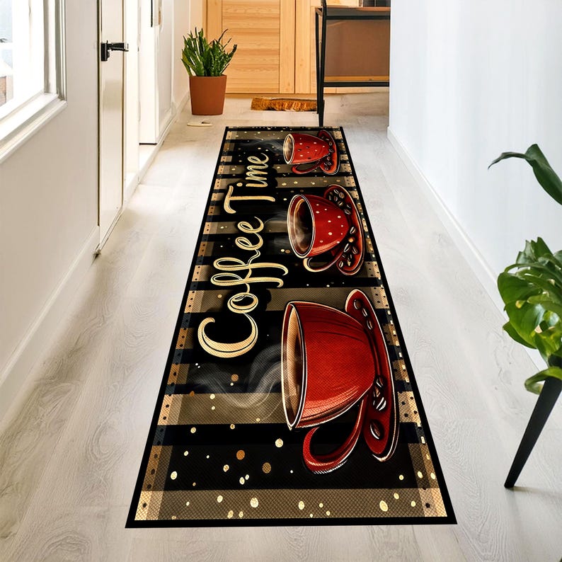 Coffee Time Runner Rug: Red Cup Kitchen Carpet, Non-Slip Machine-Washable
