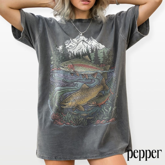 Retro Trout Fishing Graphic Tee, Mountain River Fish Shirt, Vintage Outdoor Wilderness Style Top, Comfort Colors® Fishing Gift Tee