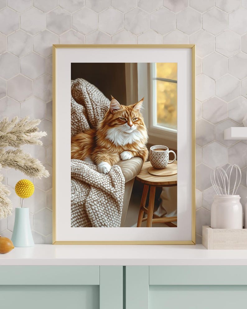 Cozy Orange Cat Wall Art, Hygge Home Decor Print, Warm Minimalist Living Room Poster