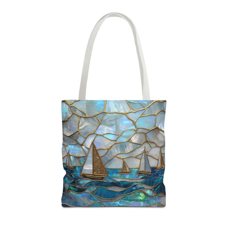 Mothers Day Beach Tote Bag Coastal Nautical Tote Blue Gold Sailboat Bag Ocean Beach Bag Gift for Mom Summer Vacation Bag