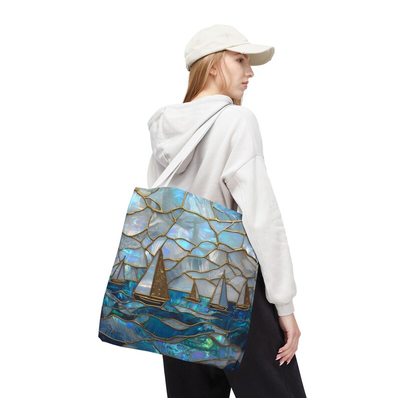 Mothers Day Beach Tote Bag Coastal Nautical Tote Blue Gold Sailboat Bag Ocean Beach Bag Gift for Mom Summer Vacation Bag