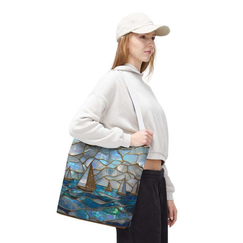 Mothers Day Beach Tote Bag Coastal Nautical Tote Blue Gold Sailboat Bag Ocean Beach Bag Gift for Mom Summer Vacation Bag