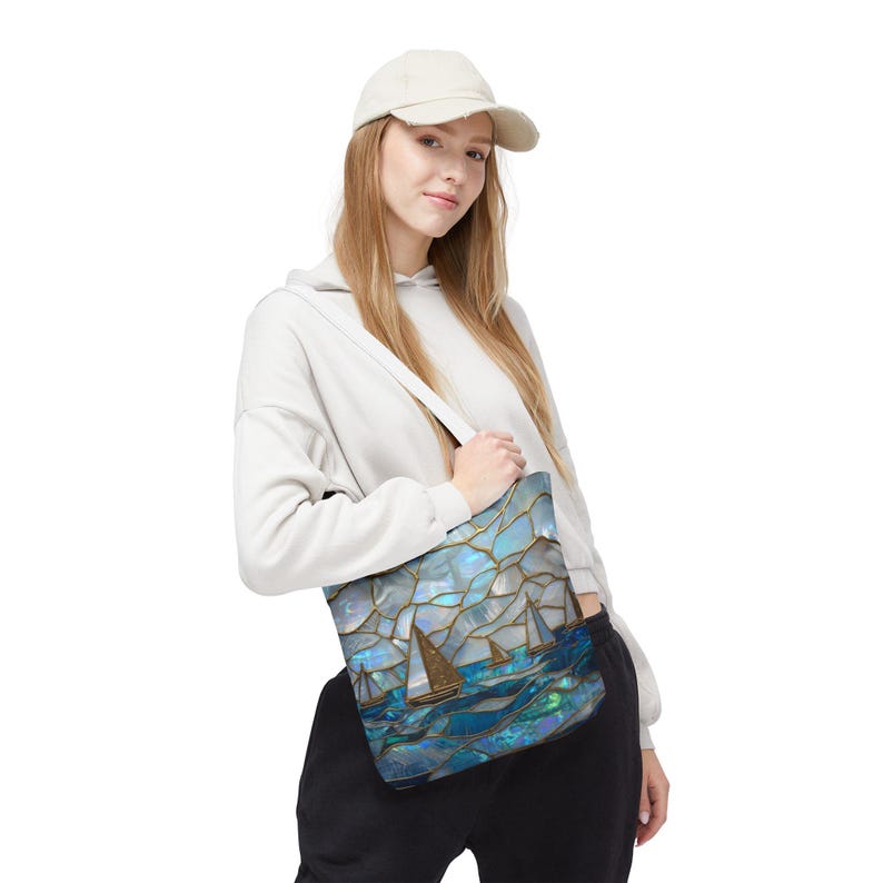 Mothers Day Beach Tote Bag Coastal Nautical Tote Blue Gold Sailboat Bag Ocean Beach Bag Gift for Mom Summer Vacation Bag