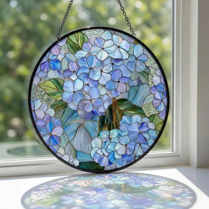 Blue Hydrangea Stained Glass Suncatcher, Floral Window Hanging, Vintage Garden Glass Art, Elegant Home Decor Gift