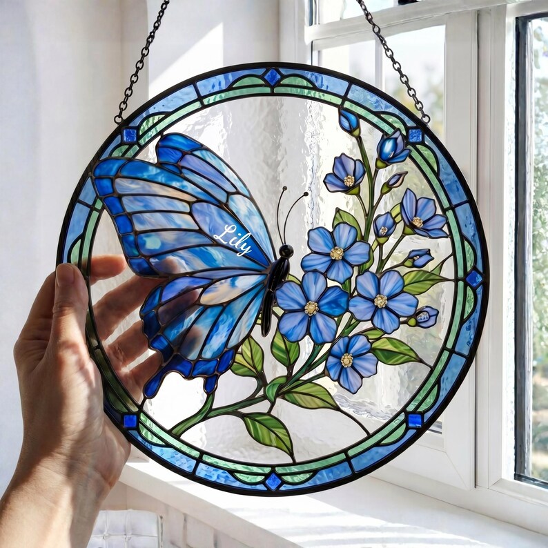 Custom Blue Butterfly Memorial Suncatcher, Custom Name Glass Window Hanging, Forget Me Not Floral Sympathy Gift, Botanical Stained Glass
