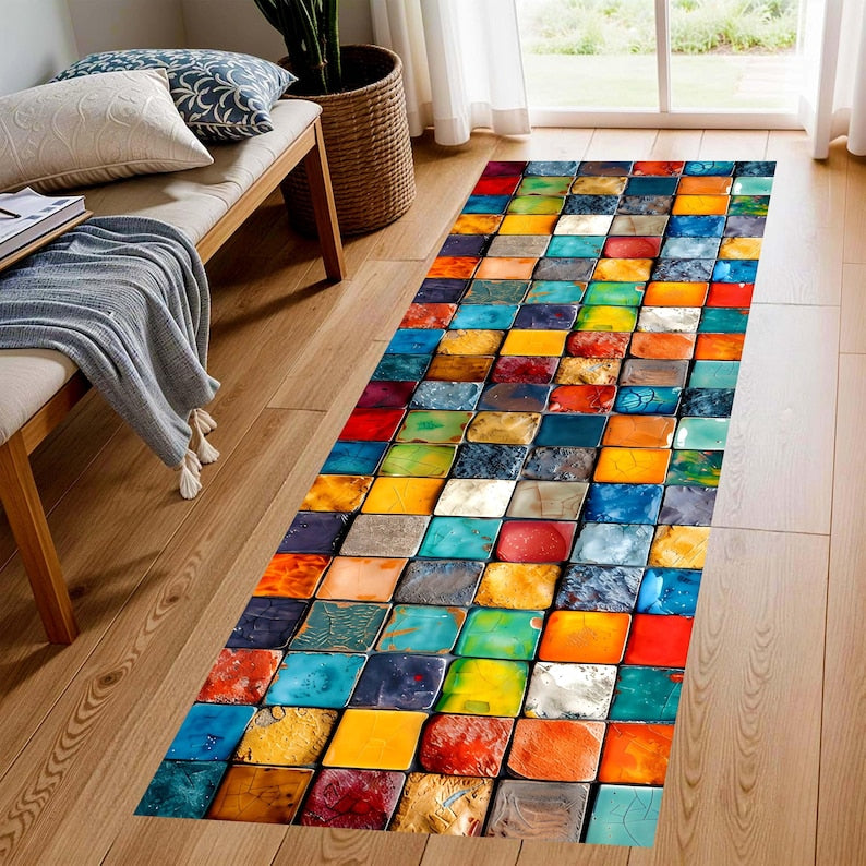 Colorful Mosaic Tile Runner Rug: Glossy Square Pattern Carpet, Machine-Washable Non-Slip