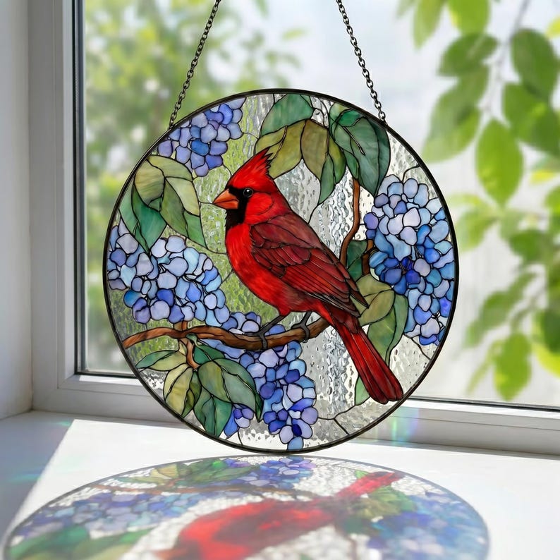 Red Cardinal Stained Glass Suncatcher, Blue Hydrangea Bird Window Hanging, Nature Lover Gift, Cardinal Memorial Decor, Garden Glass Art
