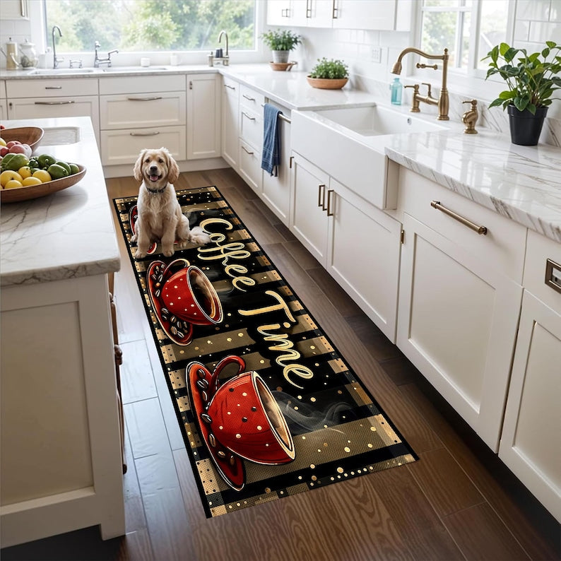 Coffee Time Runner Rug: Red Cup Kitchen Carpet, Non-Slip Machine-Washable