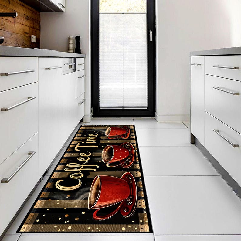 Coffee Time Runner Rug: Red Cup Kitchen Carpet, Non-Slip Machine-Washable