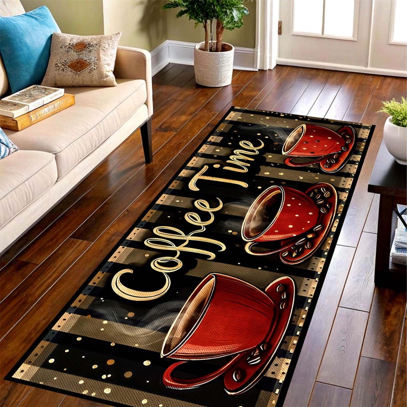 Coffee Time Runner Rug: Red Cup Kitchen Carpet, Non-Slip Machine-Washable