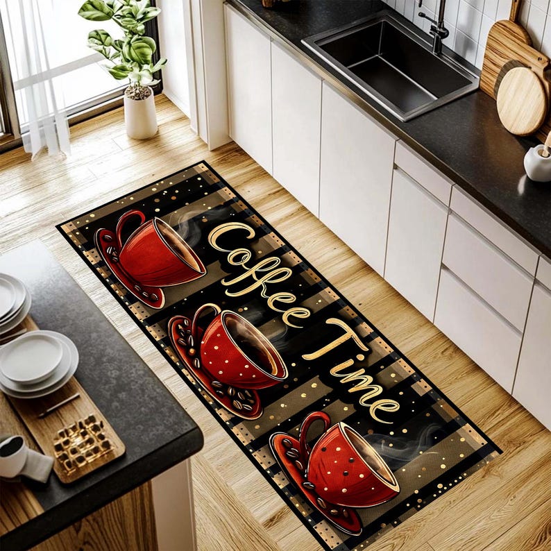Coffee Time Runner Rug: Red Cup Kitchen Carpet, Non-Slip Machine-Washable