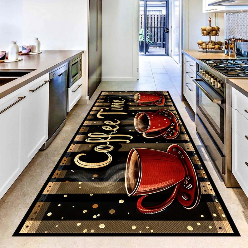Coffee Time Runner Rug: Red Cup Kitchen Carpet, Non-Slip Machine-Washable