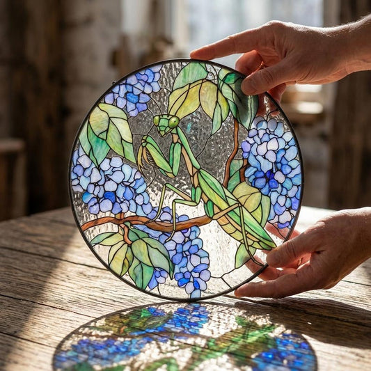 Praying Mantis Stained Glass Suncatcher, Hydrangea Flower Window Hanging, Insect Nature Glass Art, Garden Decor Gift