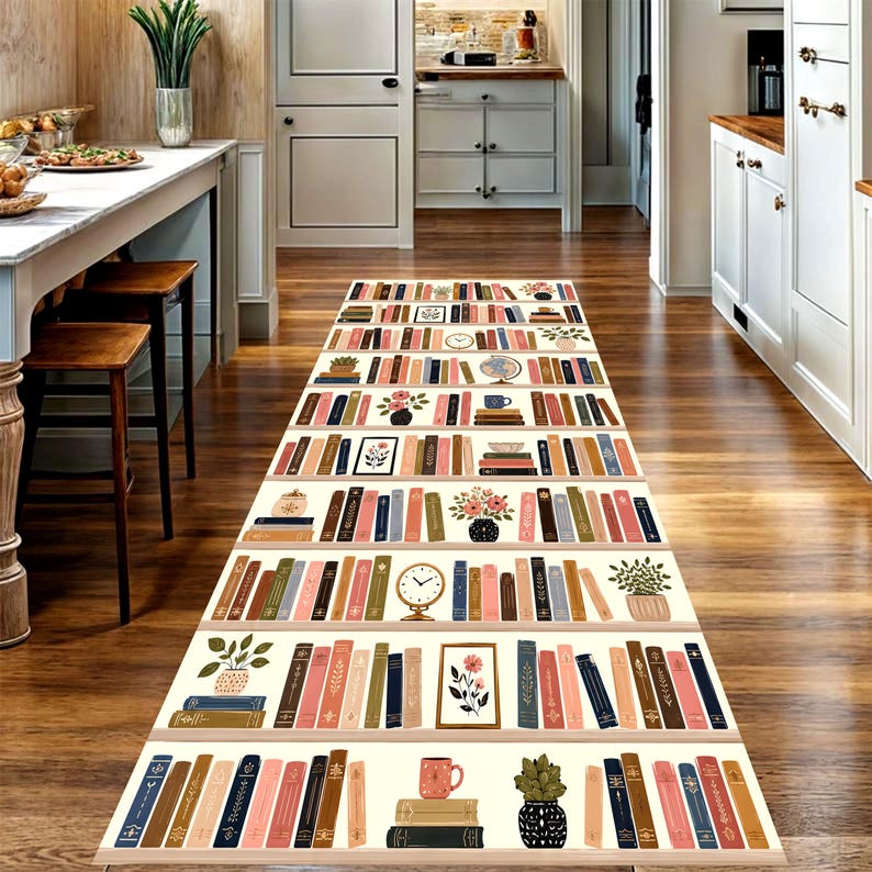 Bookshelf Runner Rug: Library Books Hallway Carpet, Non-Slip Machine-Washable