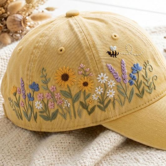 Hand Embroidered Daisy Floral Baseball Cap, Washed Cotton Summer Hat