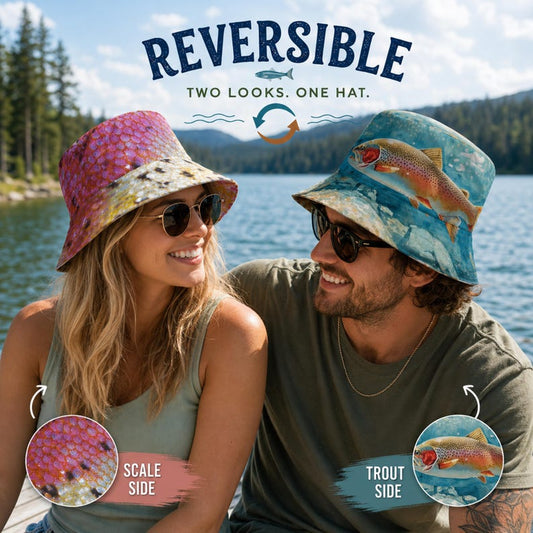 Rainbow Trout Reversible Bucket Hat, Fishing Bucket Hat, Coastal Fisherman Hat, Trout Fishing Gift, Beach Bucket Hat, Outdoor Sun Hat