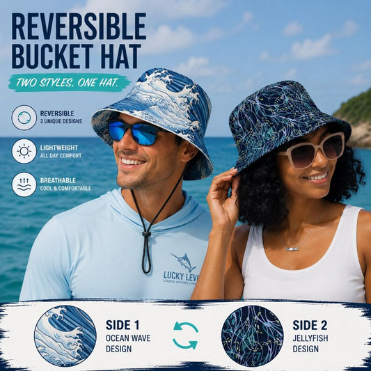 Reversible Bucket Hat Ocean Wave Hat Coastal Beach Hat Japanese Wave Hat Jellyfish Bucket Hat Summer Beachwear Vacation Hat Lucky Levi