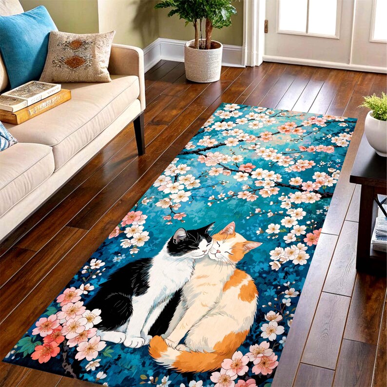 Two Cat Cherry Blossom Runner Rug: Teal Floral Hallway Carpet, Machine-Washable Non-Slip
