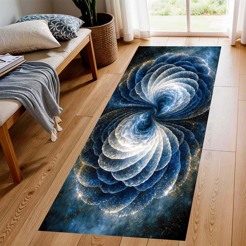 Blue Galaxy Runner Rug: Abstract Spiral Carpet, Machine-Washable Non-Slip