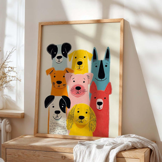 Colorful Dog Stack Print, Whimsical Puppy Artwork, Nursery Playroom Decor