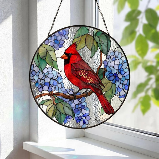 Red Cardinal Stained Glass Suncatcher, Blue Hydrangea Bird Window Hanging, Nature Lover Gift, Cardinal Memorial Decor, Garden Glass Art