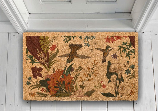 Hummingbird Welcome Mat: Floral Coir Door Rug (Custom Sizes Available)