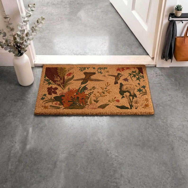 Hummingbird Welcome Mat: Floral Coir Door Rug (Custom Sizes Available)