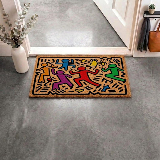 Colorful Dancing Figures Doormat, Abstract Pop Art Entry Rug, Retro Modern Decor