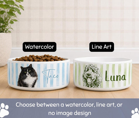 Custom Pet Striped Bowl With Pet Name Photo, Personalized Ceramic Dog Food Water Bowl, Cat Bowl With Name, Custom Portrait Feeding Dish