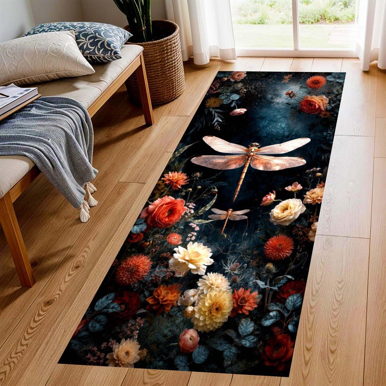 Dragonfly Floral Runner Rug: Moody Dark Botanical Carpet, Non-Slip Machine-Washable