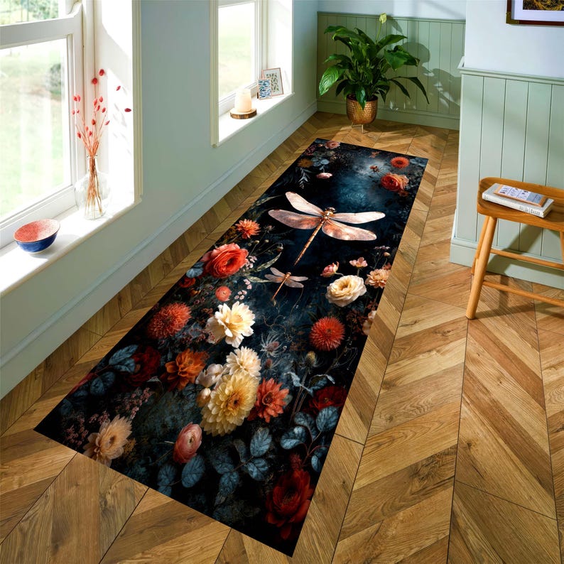 Dragonfly Floral Runner Rug: Moody Dark Botanical Carpet, Non-Slip Machine-Washable
