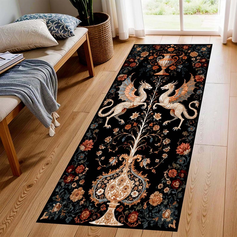 Twin Dragon Printed Runner Rug: Gothic Medieval Fantasy Floral Hallway Carpet, Non-Slip Machine-Washable