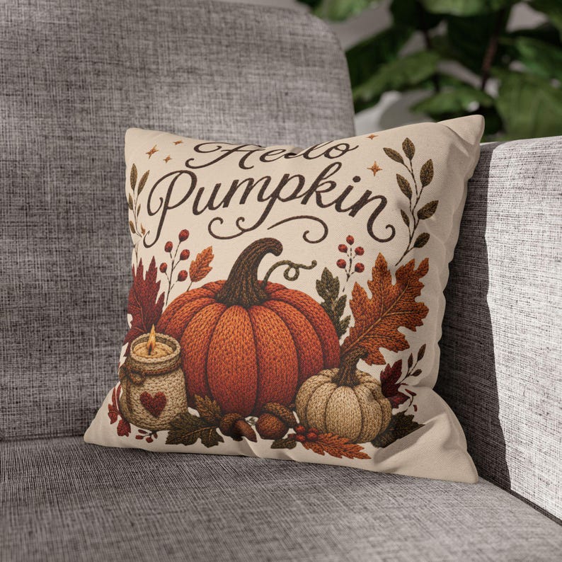 Hello Pumpkin Pillowcase | Beige Fall Throw Pillowcase | Cozy Autumn Farmhouse Home Decor| Pumpkin cute pillow covers| Thanksgiving pillow