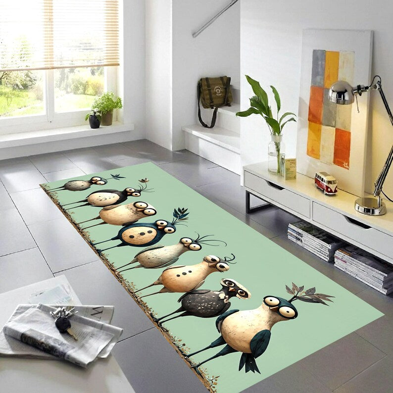 Whimsical Bird Runner Rug: Mint Green Quirky Owl Hallway Carpet, Non-Slip Machine-Washable