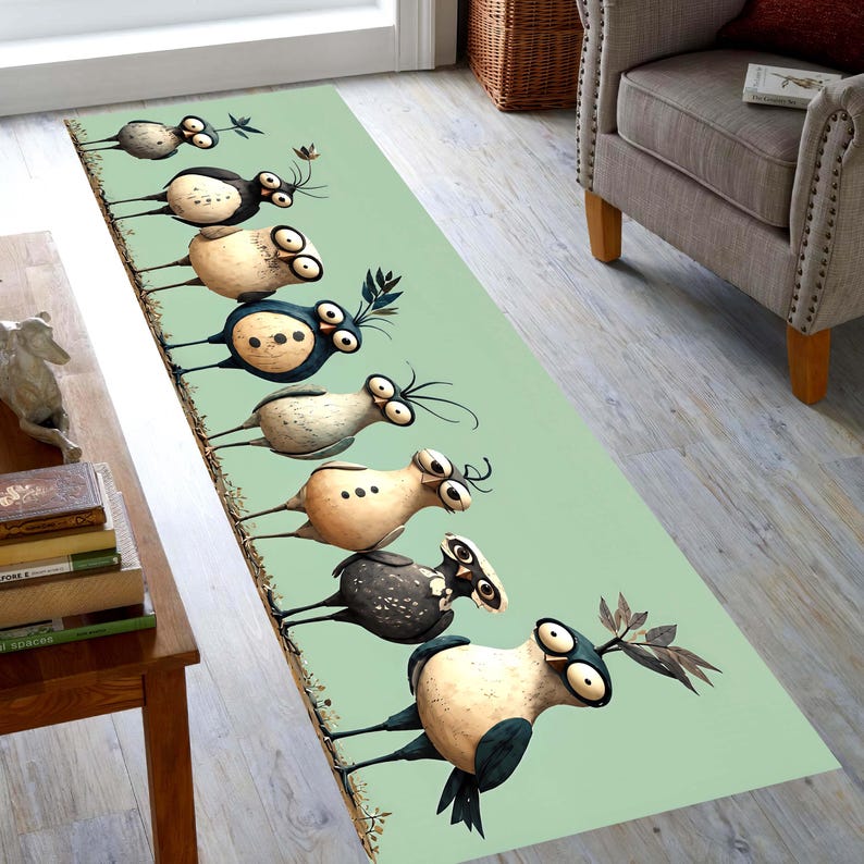 Whimsical Bird Runner Rug: Mint Green Quirky Owl Hallway Carpet, Non-Slip Machine-Washable