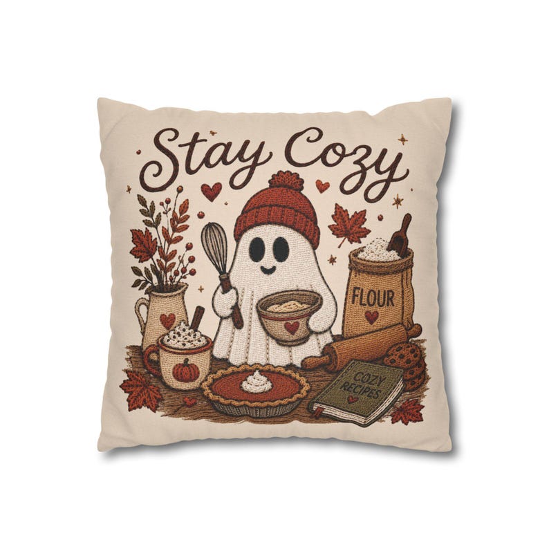 Stay Cosy Ghost Pillowcase | Beige Halloween Throw Pillowcase | Cute Spooky Fall Home Decor| Spooky season decor| Baking ghost pillowcase