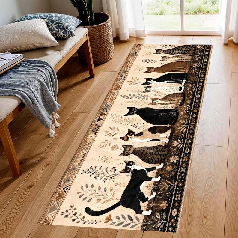 Whimsical Cat Runner Rug: Folk Art Feline Hallway Carpet, Non-Slip Machine-Washable