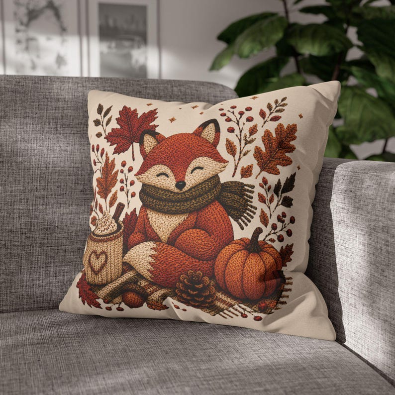 Cosy Fox Pillowcase | Beige Woodland Throw Pillowcase | Cute Autumn Farmhouse Home Decor| Fall pillow cover| Fall leaves and animal decor